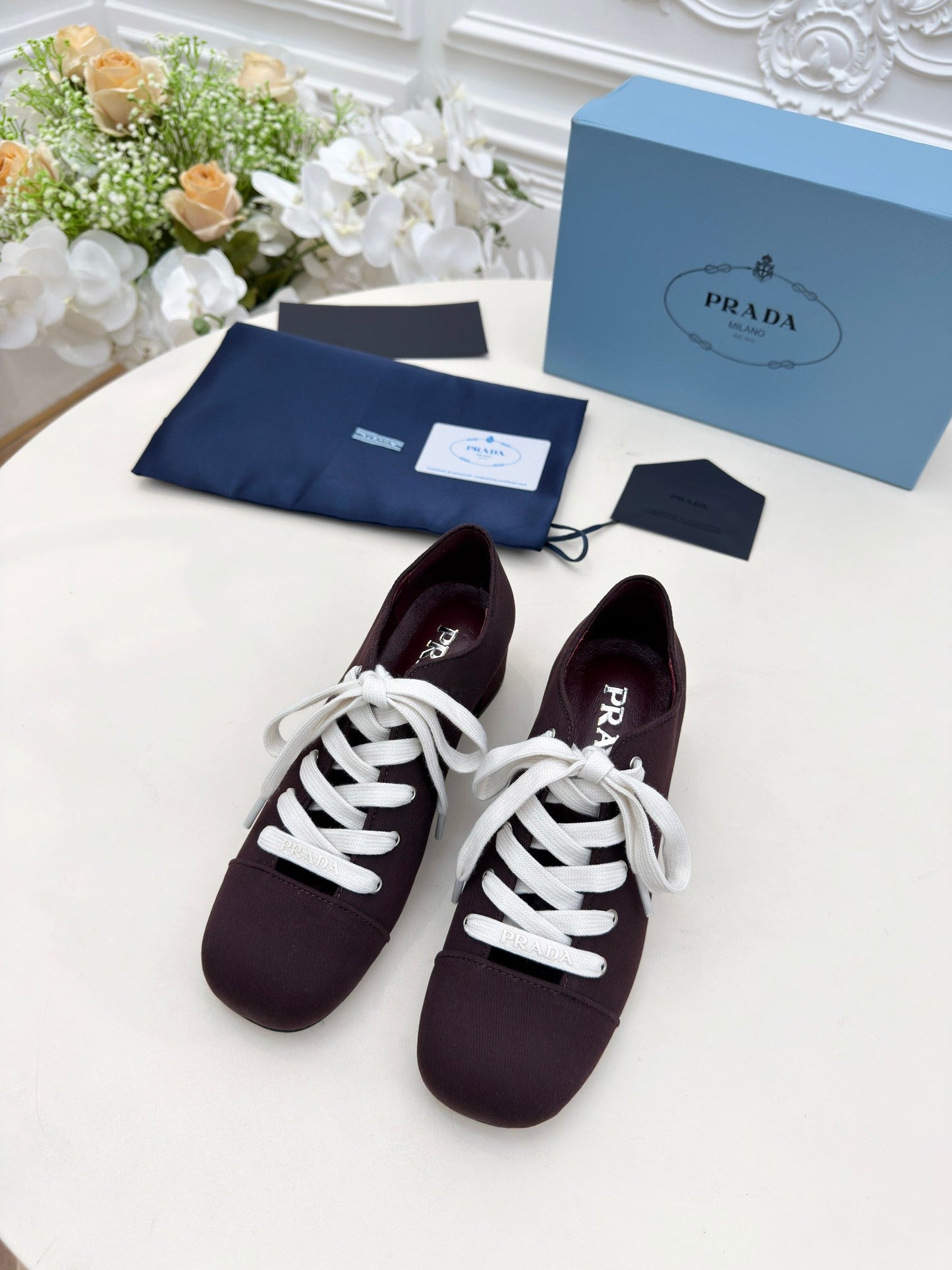PRADA 25S MARY JANE SHOES 55 MM IN DEEP WINE BROWN CANVAS FABRIC - 35