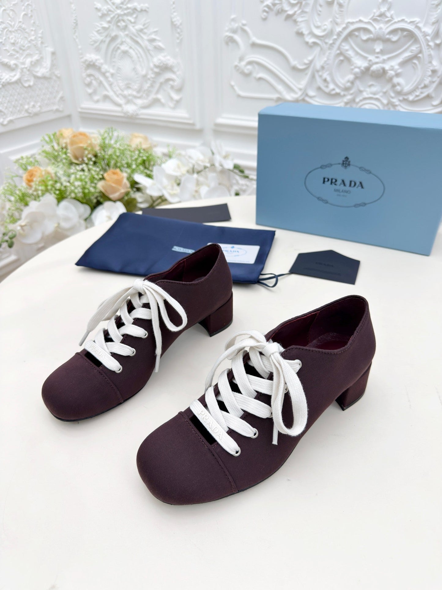 PRADA 25S MARY JANE SHOES 55 MM IN DEEP WINE BROWN CANVAS FABRIC - 35