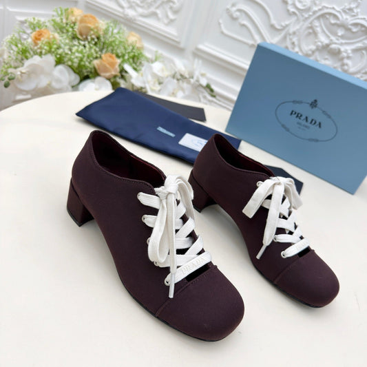 PRADA 25S MARY JANE SHOES 55 MM IN DEEP WINE BROWN CANVAS FABRIC - 35