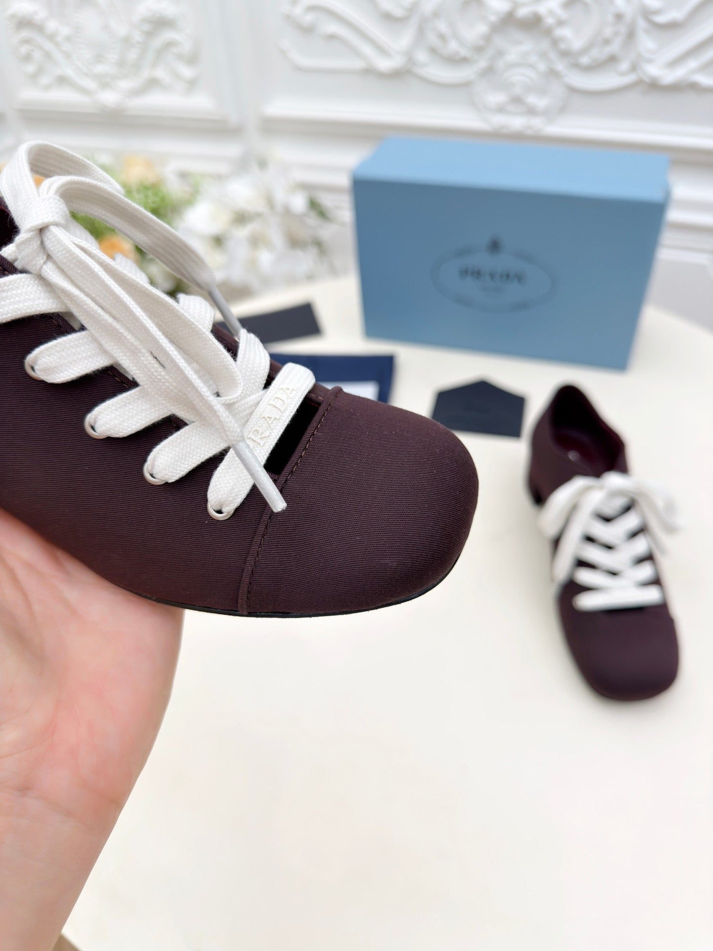 PRADA 25S MARY JANE SHOES 55 MM IN DEEP WINE BROWN CANVAS FABRIC - 35