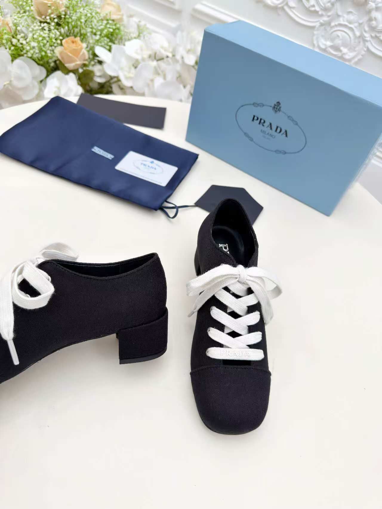 PRADA 25S MARY JANE SHOES 55 MM IN BLACK CANVAS FABRIC - 35