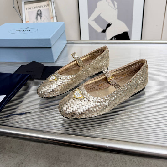 PRADA 26S БАЛЕТКИ МЕРІ ДЖЕЙН З ПЛЕТЕНОЇ ТЕЛЯЧОЇ ШКІРИ ЗОЛОТОГО КОЛЬОРУ