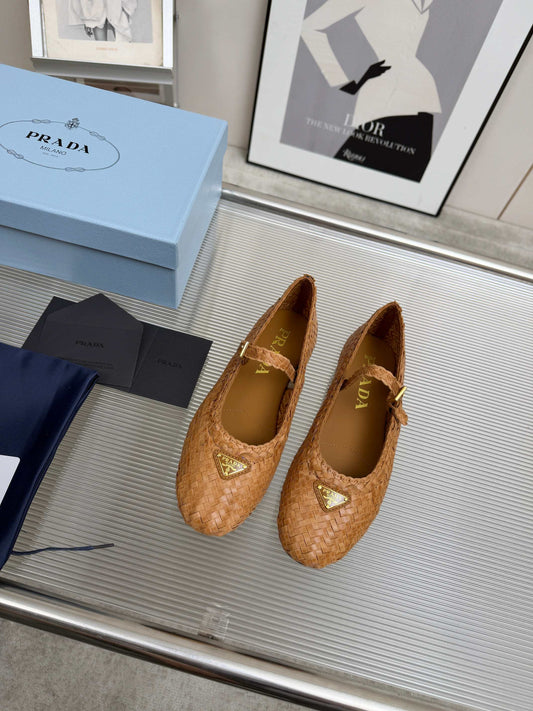 БАЛЕТКИ PRADA 26S МЕРІ ДЖЕЙН З КОРИЧНЕВОЇ ПЛЕТЕНОЇ ТЕЛЯЧОЇ ШКІРИ