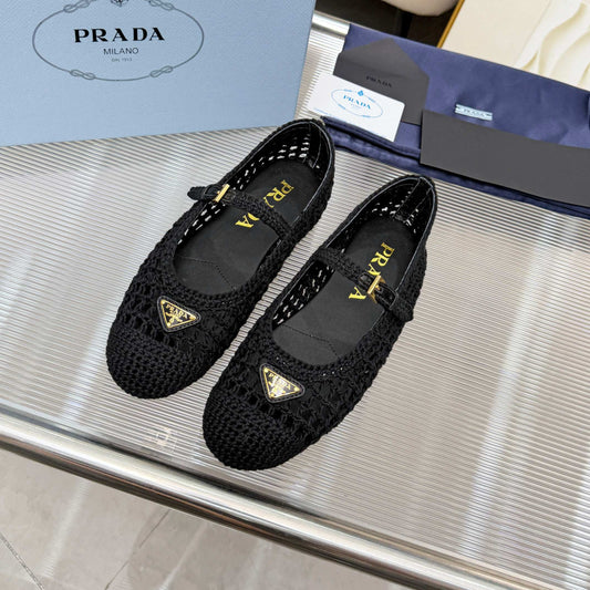 БАЛЕТКИ PRADA 26S МЕРІ ДЖЕЙН ЧОРНОГО КОЛЬОРУ З ТКАНОЇ РАФІЇ З ТРИКУТНИМ ЛОГОТИПОМ