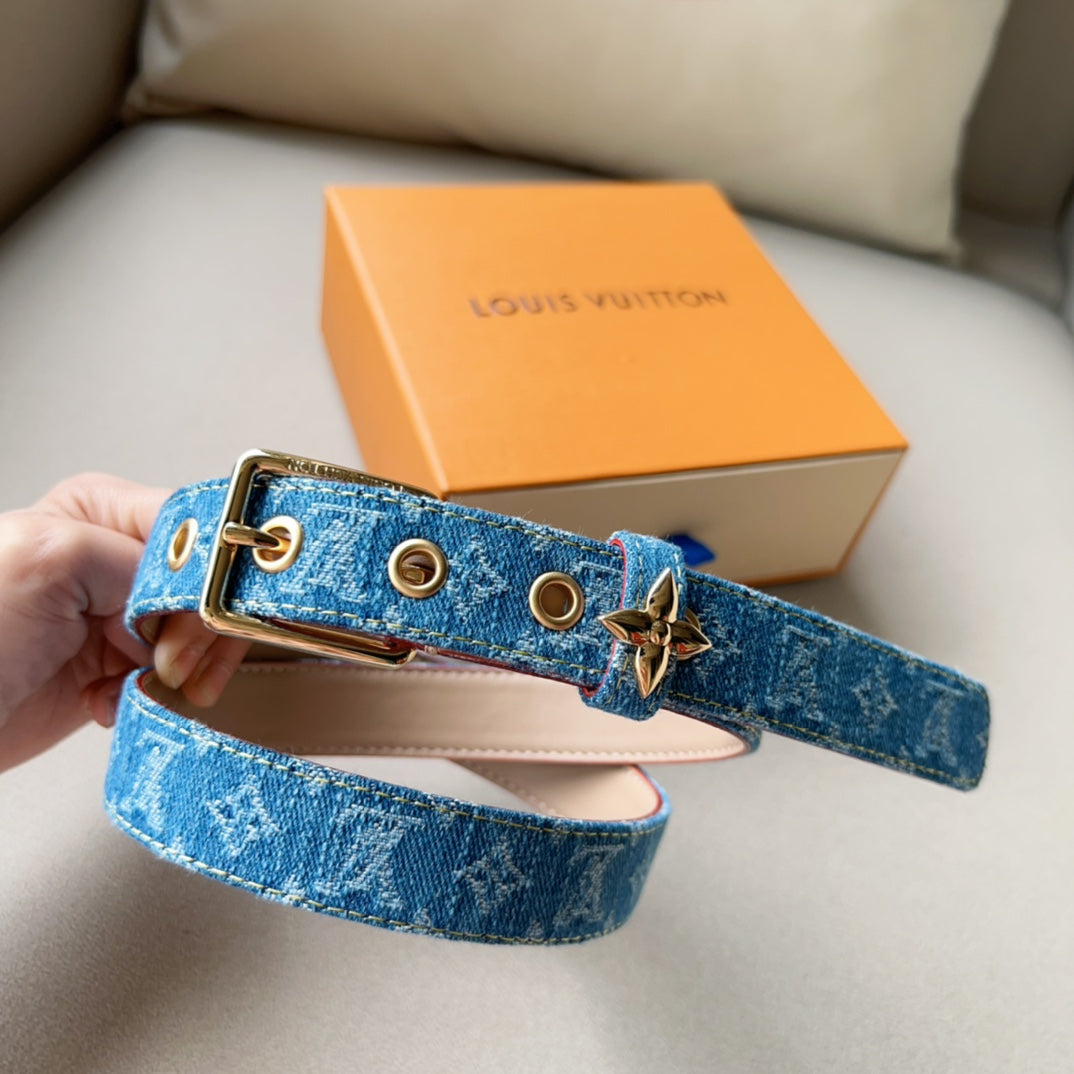 LV FLOWERGRAM ARDILLON 30MM BELT LIGHT BLUE MONOGRAM DENIM GOLD HARDWARE - 30