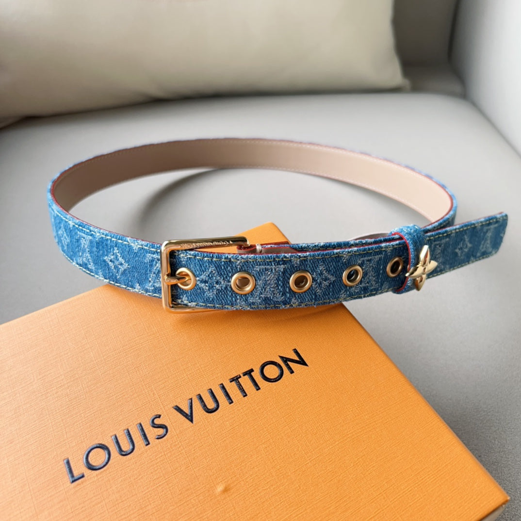LV FLOWERGRAM ARDILLON 30MM BELT LIGHT BLUE MONOGRAM DENIM GOLD HARDWARE - 30