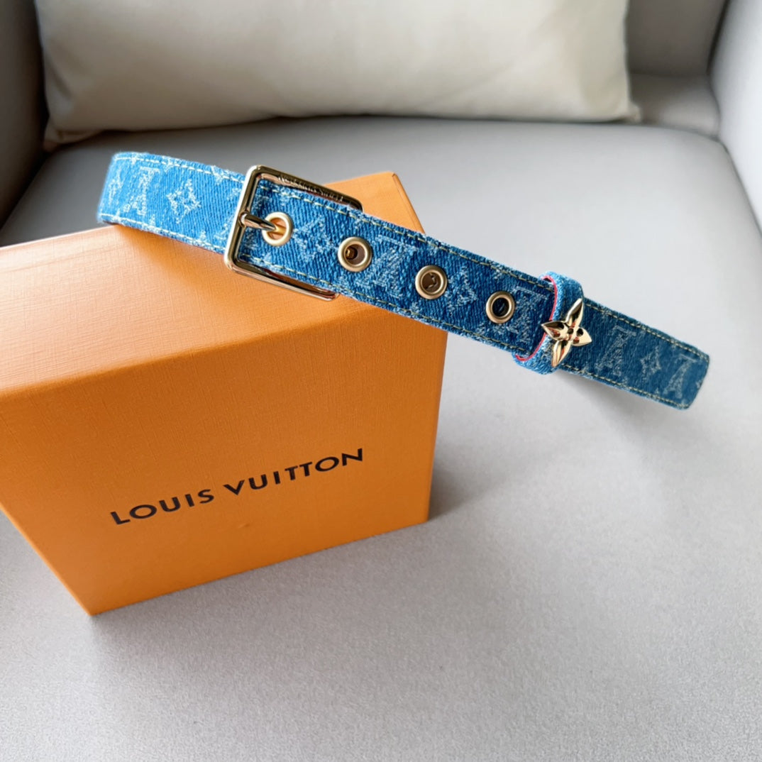 LV FLOWERGRAM ARDILLON 30MM BELT LIGHT BLUE MONOGRAM DENIM GOLD HARDWARE - 30