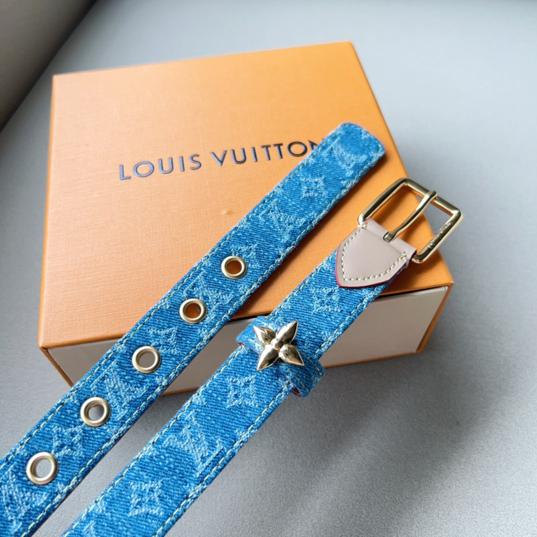 LV FLOWERGRAM ARDILLON 30MM BELT LIGHT BLUE MONOGRAM DENIM GOLD HARDWARE - 30