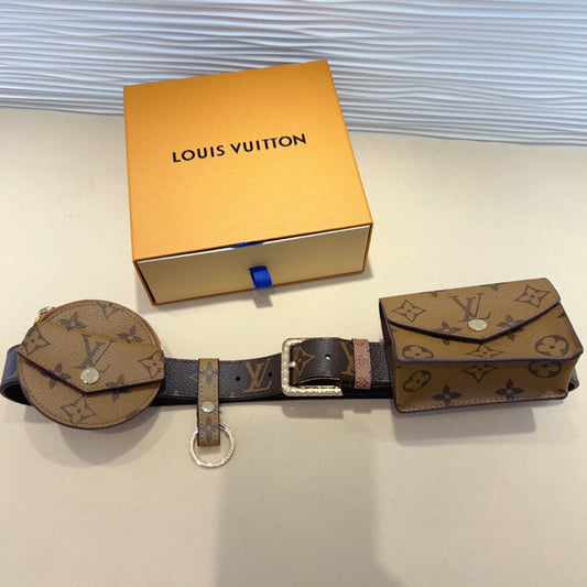 LV MULTI POCKET 30MM BELT IN CAMEL BROWN MONOGRAM CALFSKIN SILVER HARDWARE - 30