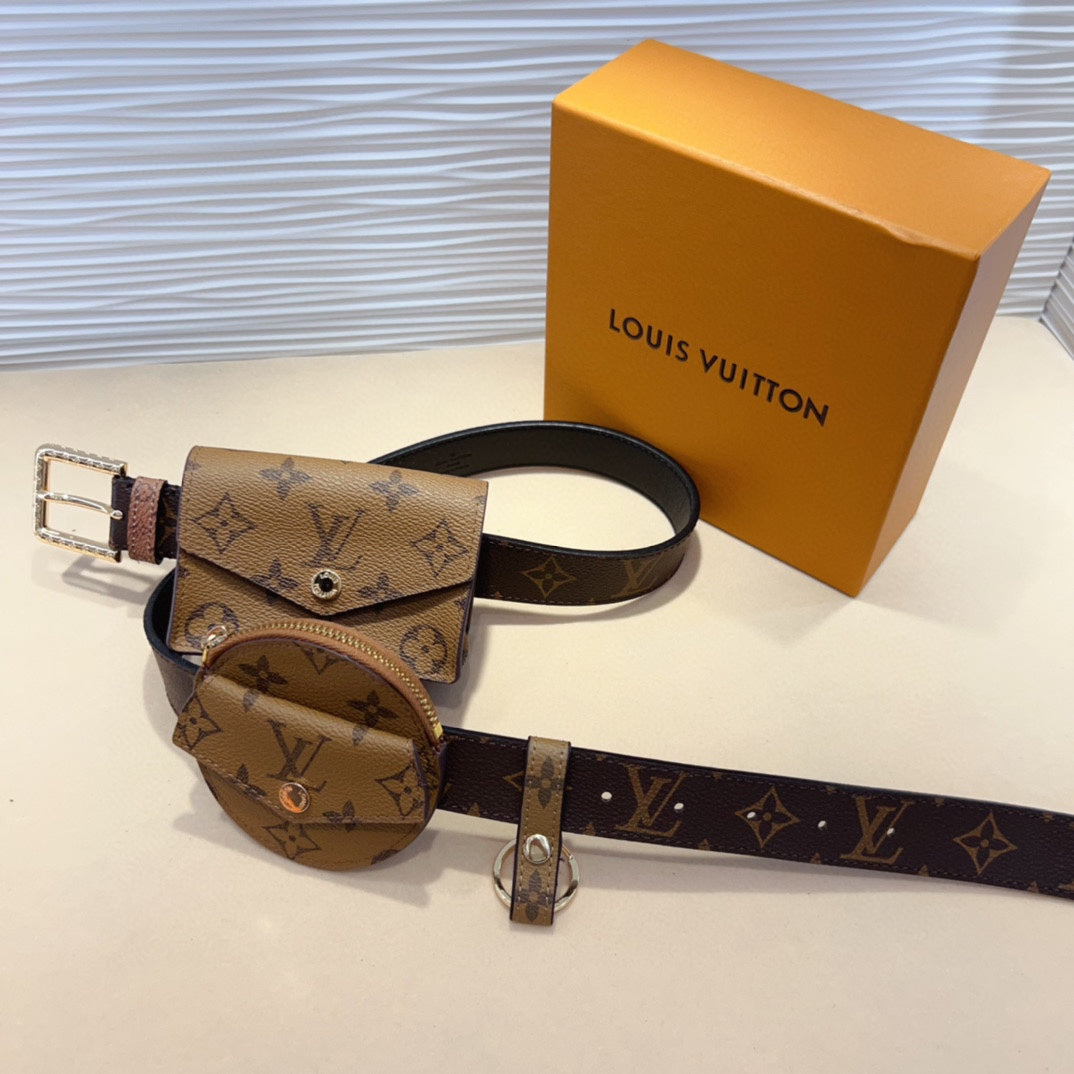 LV MULTI POCKET 30MM BELT IN CAMEL BROWN MONOGRAM CALFSKIN SILVER HARDWARE - 30