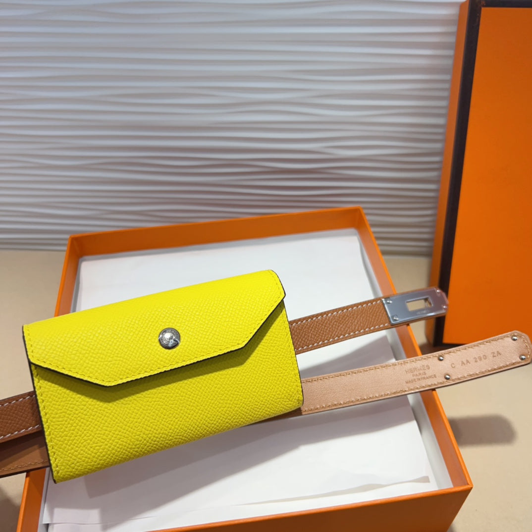 HM KELLY LEMON YELLOW POCKET 18MM BELT CINNAMON BROWN LEATHER SILVER HARDWARE - 30