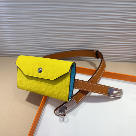 HM KELLY LEMON YELLOW POCKET 18MM BELT CINNAMON BROWN LEATHER SILVER HARDWARE - 30