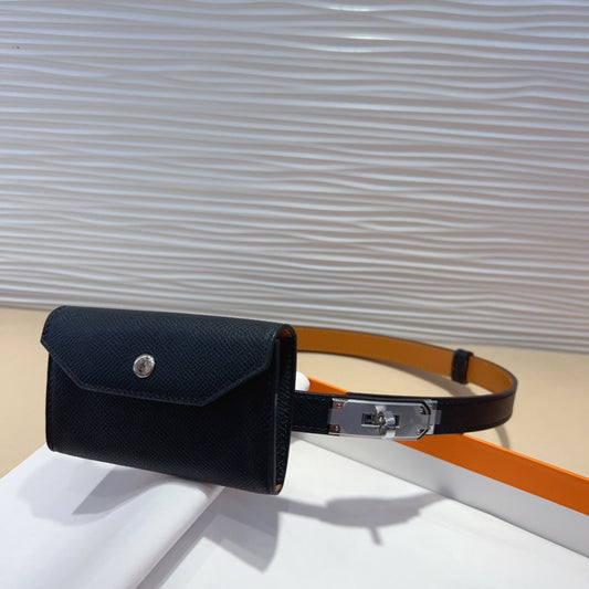 HM KELLY POCKET 18MM BELT BLACK LEATHER SILVER HARDWARE - 30