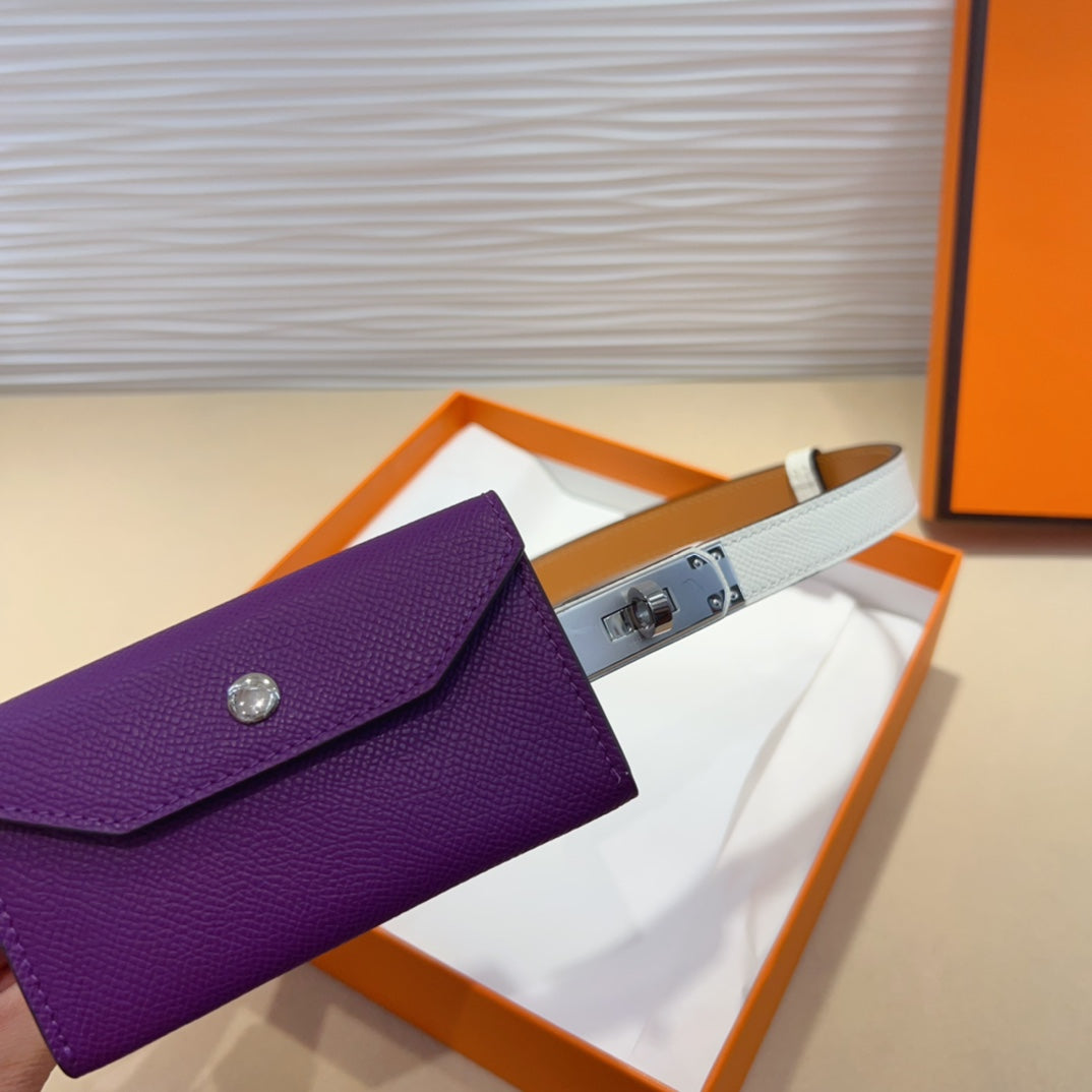 HM KELLY VIOLET PURPLE POCKET 18MM BELT WHITE LEATHER SILVER HARDWARE - 30