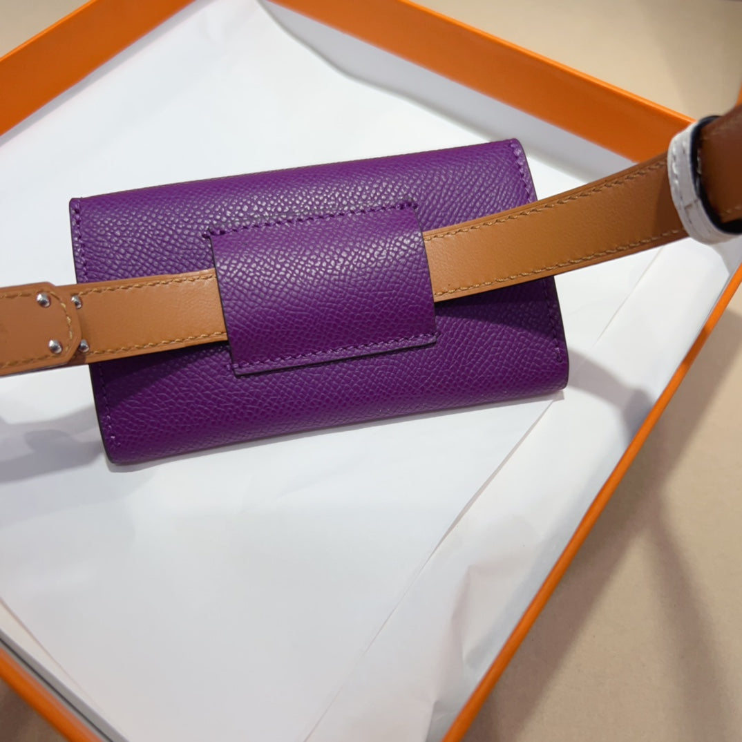 HM KELLY VIOLET PURPLE POCKET 18MM BELT WHITE LEATHER SILVER HARDWARE - 30
