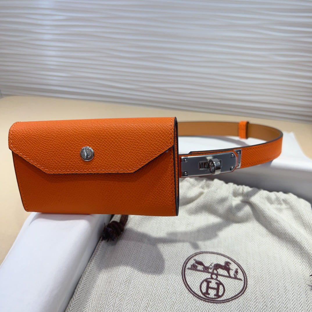 HM KELLY POCKET 18MM BELT ORANGE LEATHER SILVER HARDWARE - 30