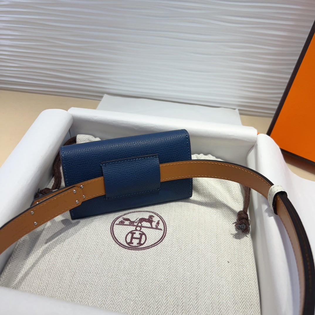 HM KELLY NAVY BLUE POCKET 18MM BELT WHITE LEATHER SILVER HARDWARE - 30
