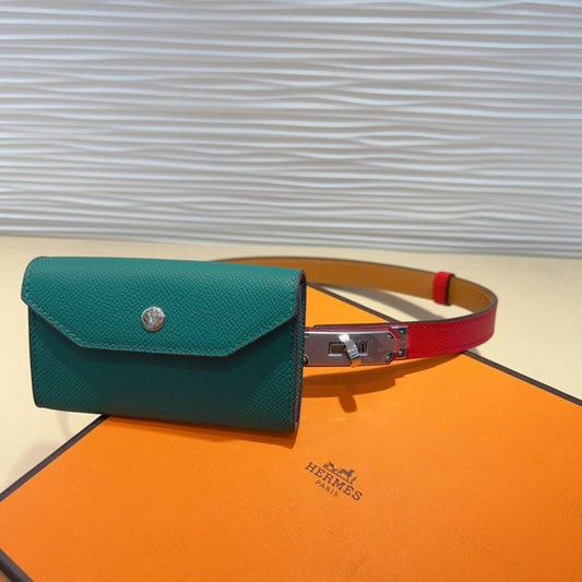 HM KELLY TEAL GREEN POCKET 18MM BELT CHERRY RED LEATHER SILVER HARDWARE - 30