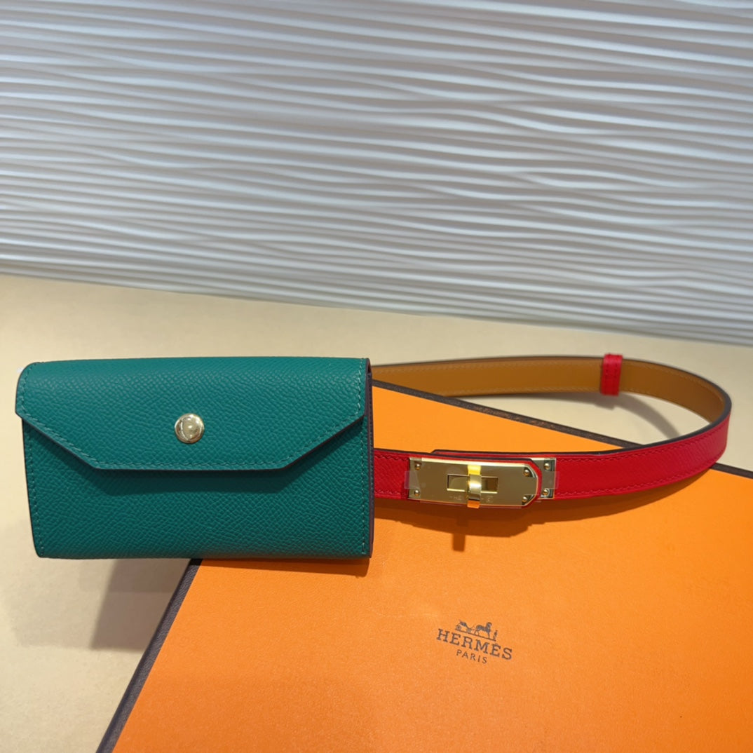 HM KELLY TEAL GREEN POCKET 18MM BELT CHERRY RED LEATHER GOLD HARDWARE - 30