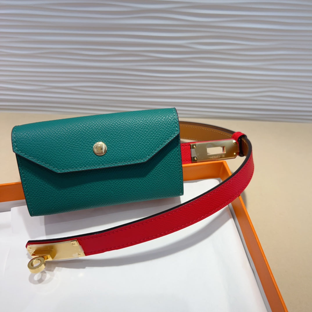 HM KELLY TEAL GREEN POCKET 18MM BELT CHERRY RED LEATHER GOLD HARDWARE - 30