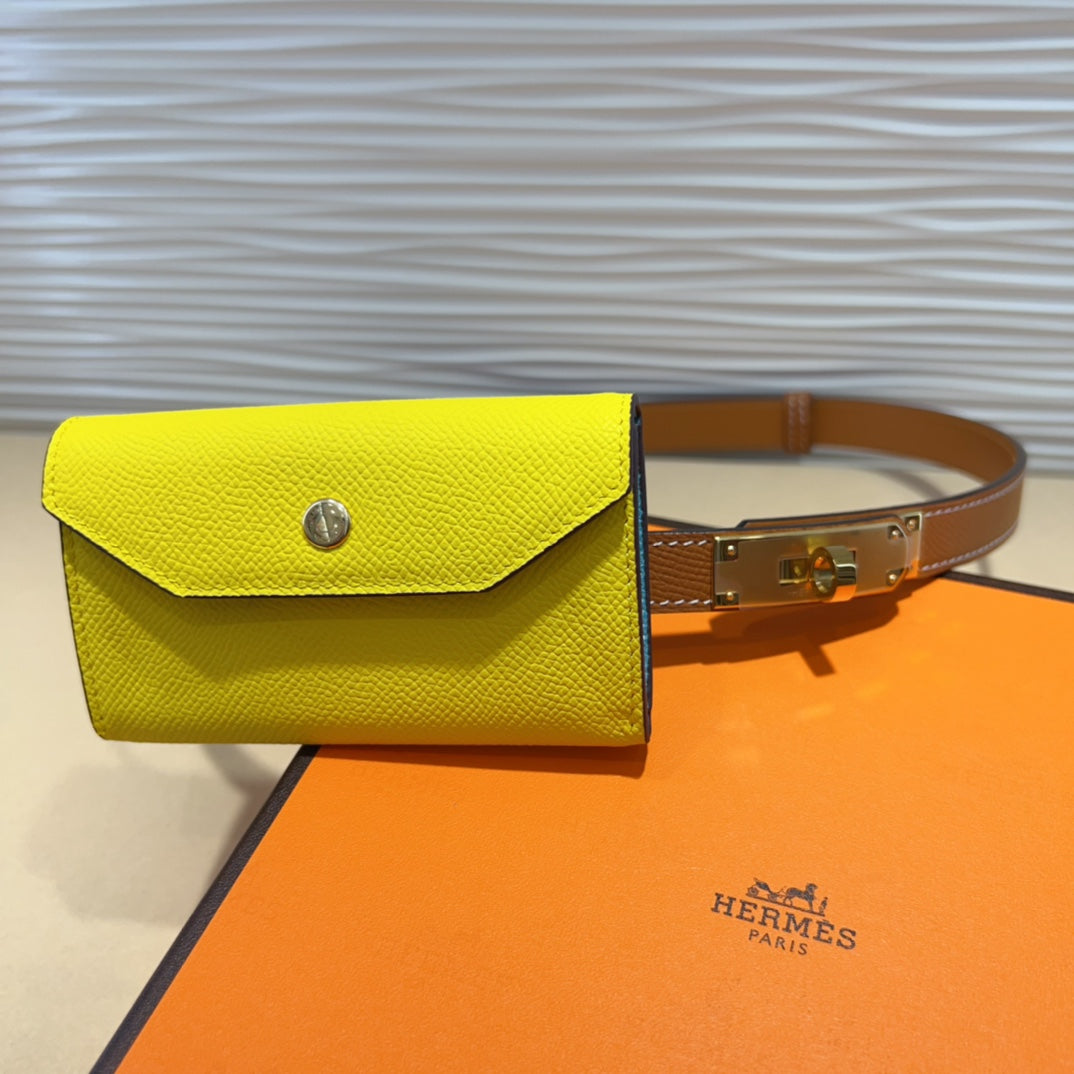 HM KELLY LEMON YELLOW POCKET 18MM BELT CINNAMON BROWN LEATHER GOLD HARDWARE - 30