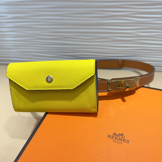 HM KELLY LEMON YELLOW POCKET 18MM BELT CINNAMON BROWN LEATHER GOLD HARDWARE - 30