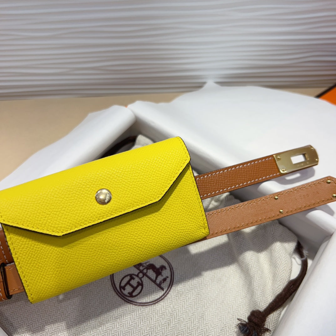 HM KELLY LEMON YELLOW POCKET 18MM BELT CINNAMON BROWN LEATHER GOLD HARDWARE - 30