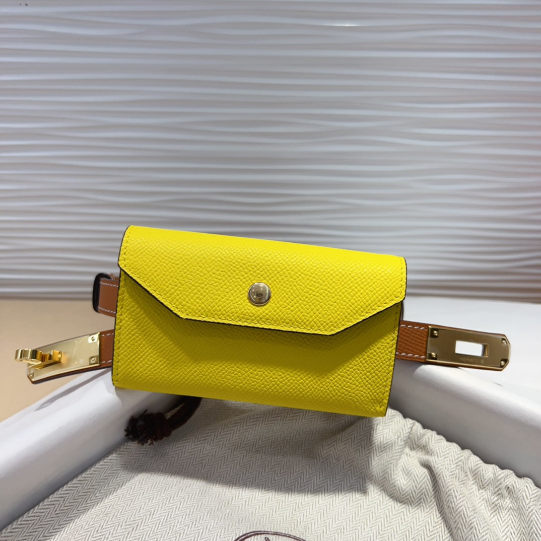 HM KELLY LEMON YELLOW POCKET 18MM BELT CINNAMON BROWN LEATHER GOLD HARDWARE - 30
