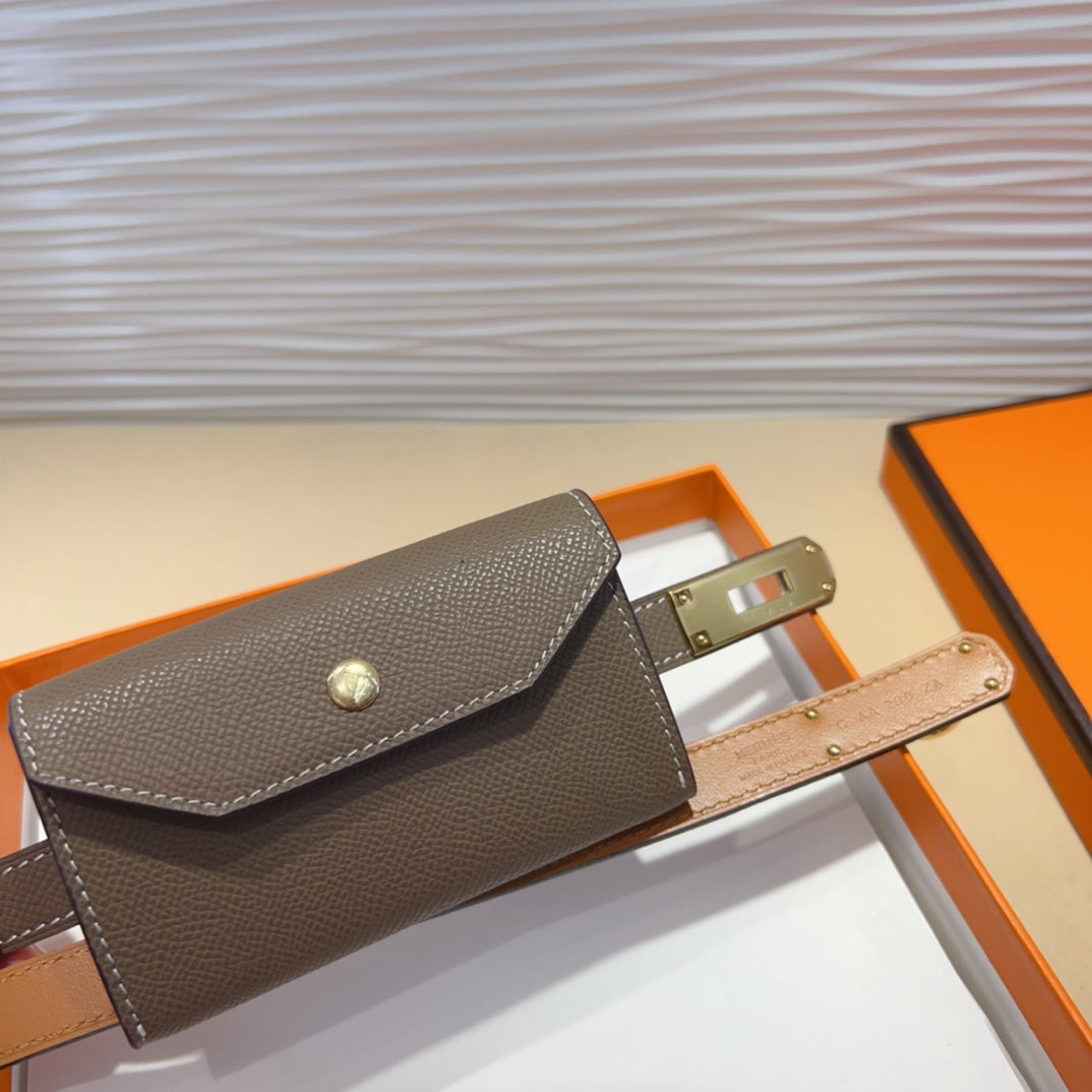 HM KELLY POCKET 18MM BELT CHOCOLATE BROWN LEATHER GOLD HARDWARE - 30