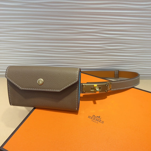 HM KELLY POCKET 18MM BELT CHOCOLATE BROWN LEATHER GOLD HARDWARE - 30