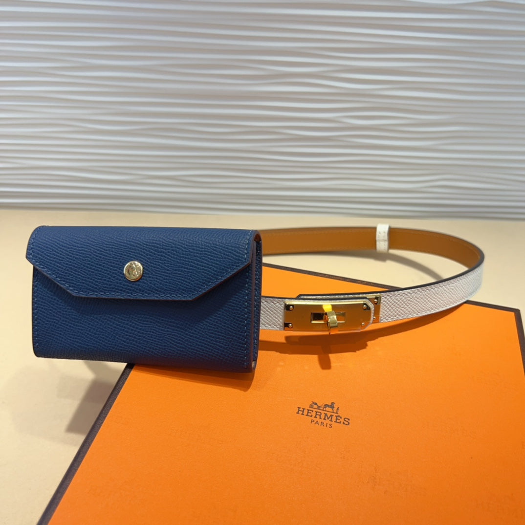 HM KELLY NAVY BLUE POCKET 18MM BELT WHITE LEATHER GOLD HARDWARE - 30