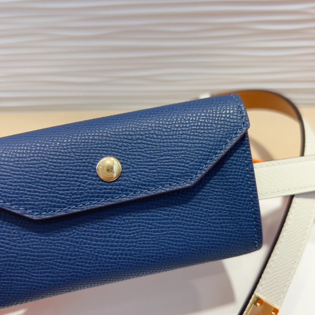 HM KELLY NAVY BLUE POCKET 18MM BELT WHITE LEATHER GOLD HARDWARE - 30