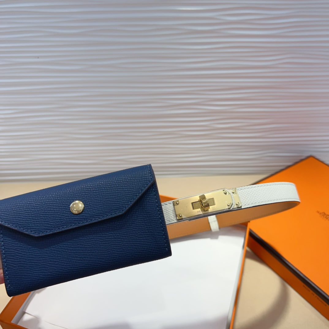 HM KELLY NAVY BLUE POCKET 18MM BELT WHITE LEATHER GOLD HARDWARE - 30