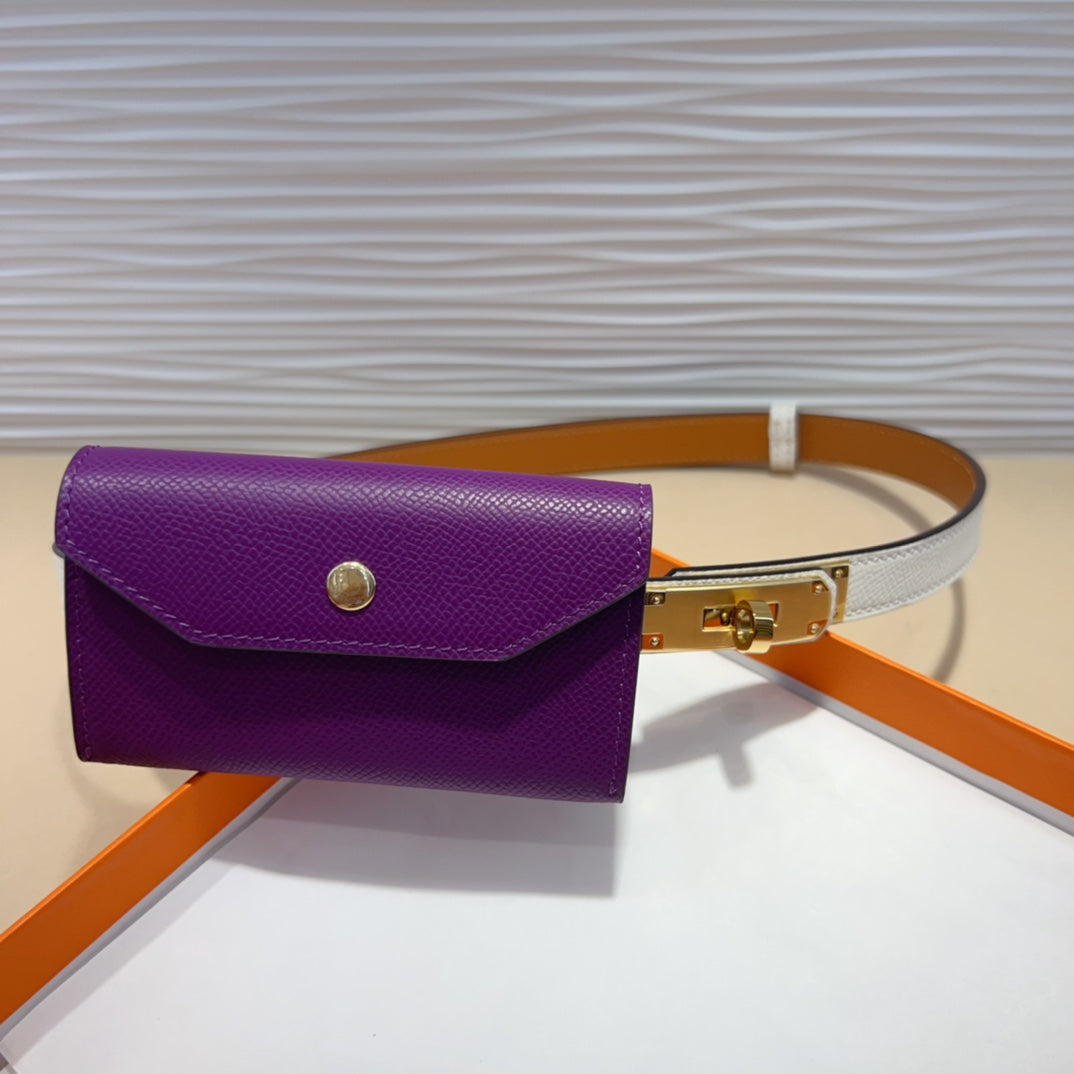 HM KELLY VIOLET PURPLE POCKET 18MM BELT WHITE LEATHER GOLD HARDWARE - 30