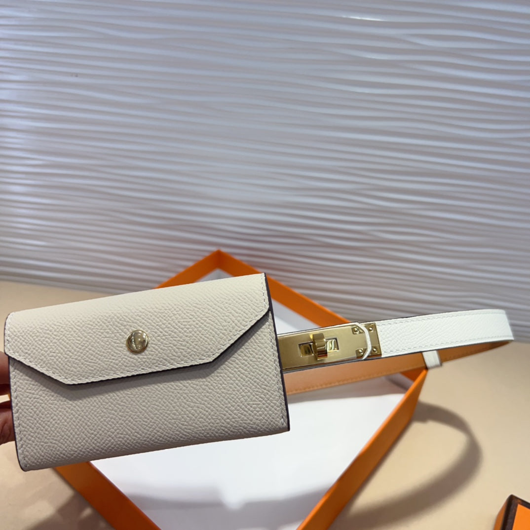 HM KELLY POCKET 18MM BELT WHITE LEATHER GOLD HARDWARE - 30