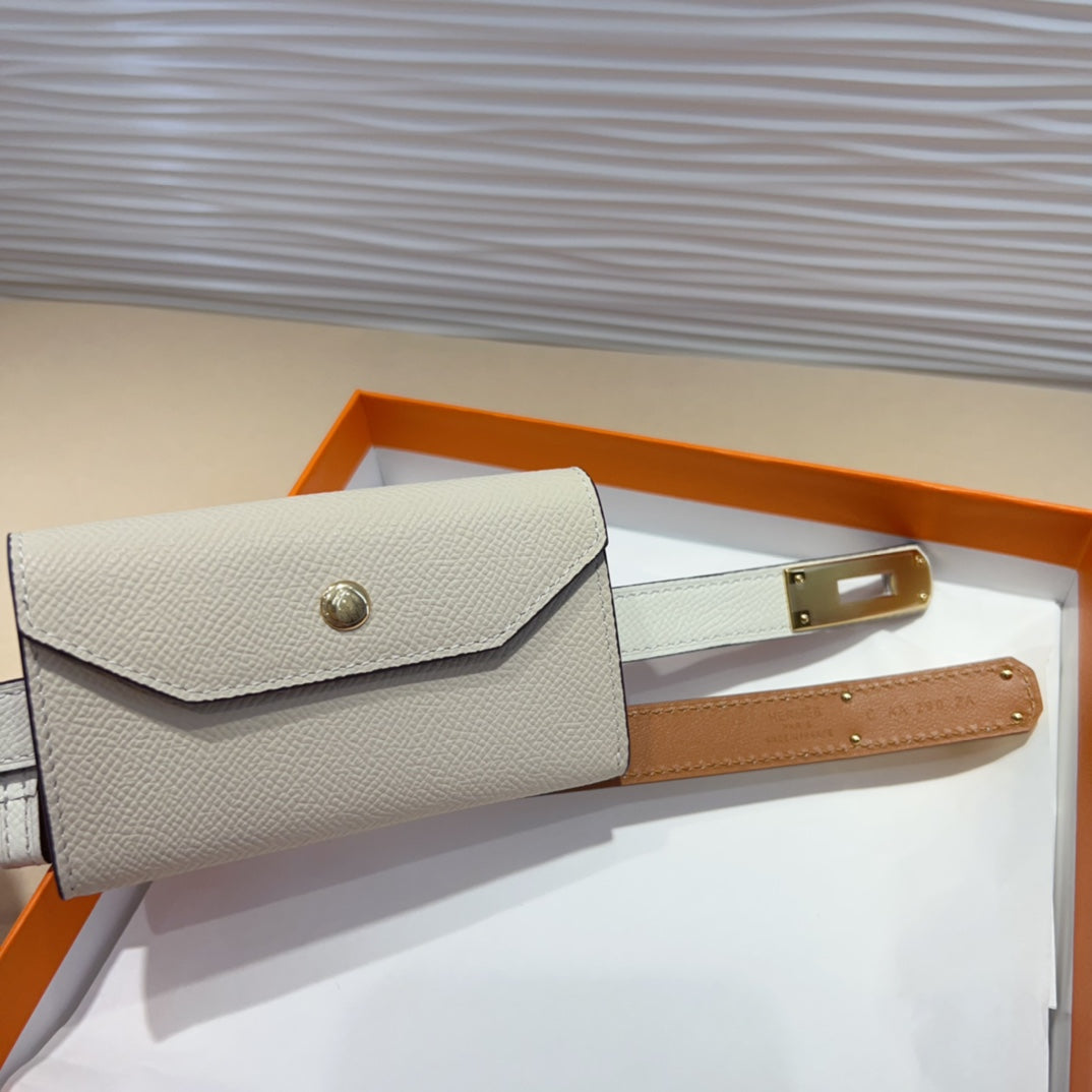 HM KELLY POCKET 18MM BELT WHITE LEATHER GOLD HARDWARE - 30