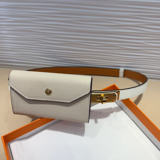 HM KELLY POCKET 18MM BELT WHITE LEATHER GOLD HARDWARE - 30