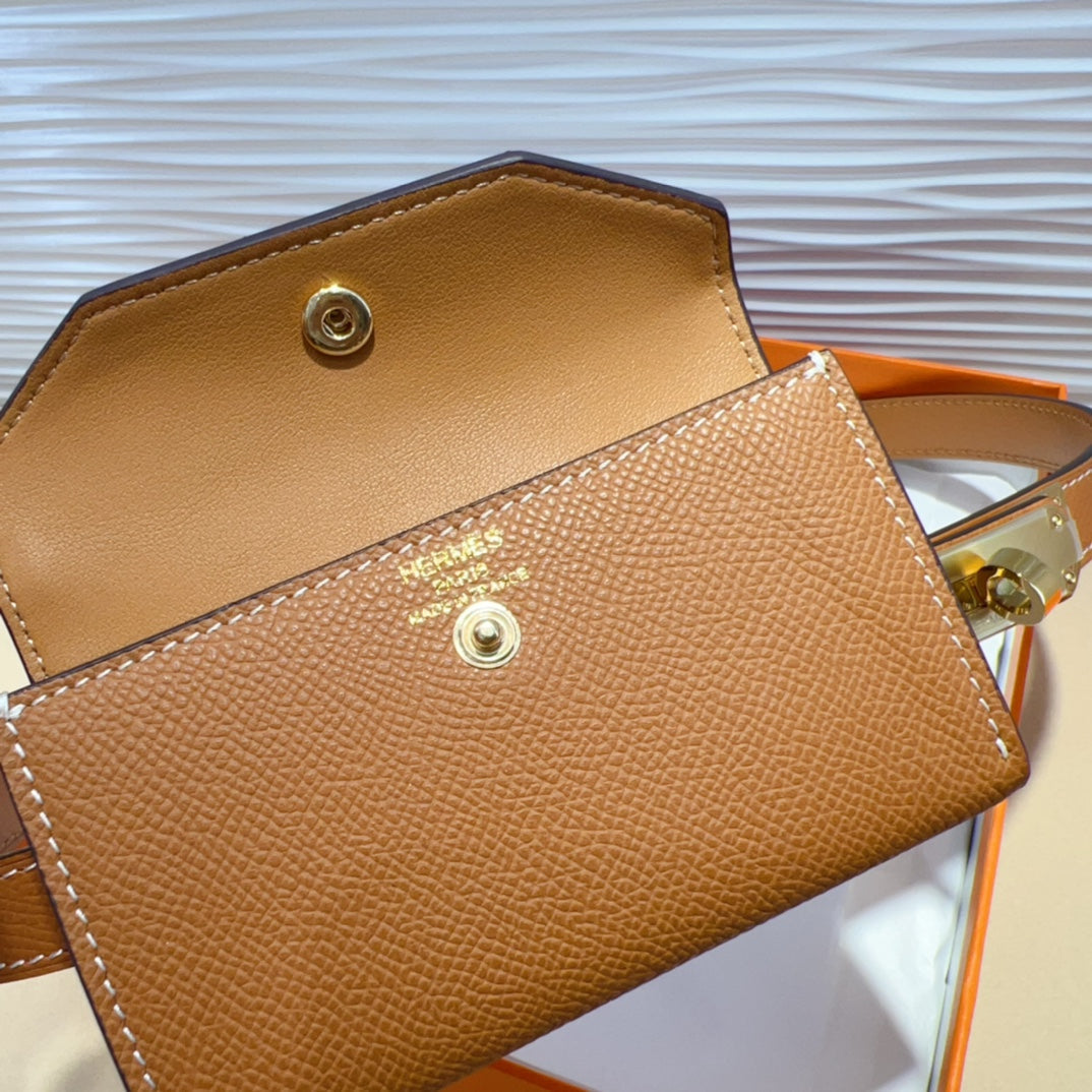 HM KELLY POCKET 18MM BELT CINNAMON BROWN LEATHER GOLD HARDWARE - 30