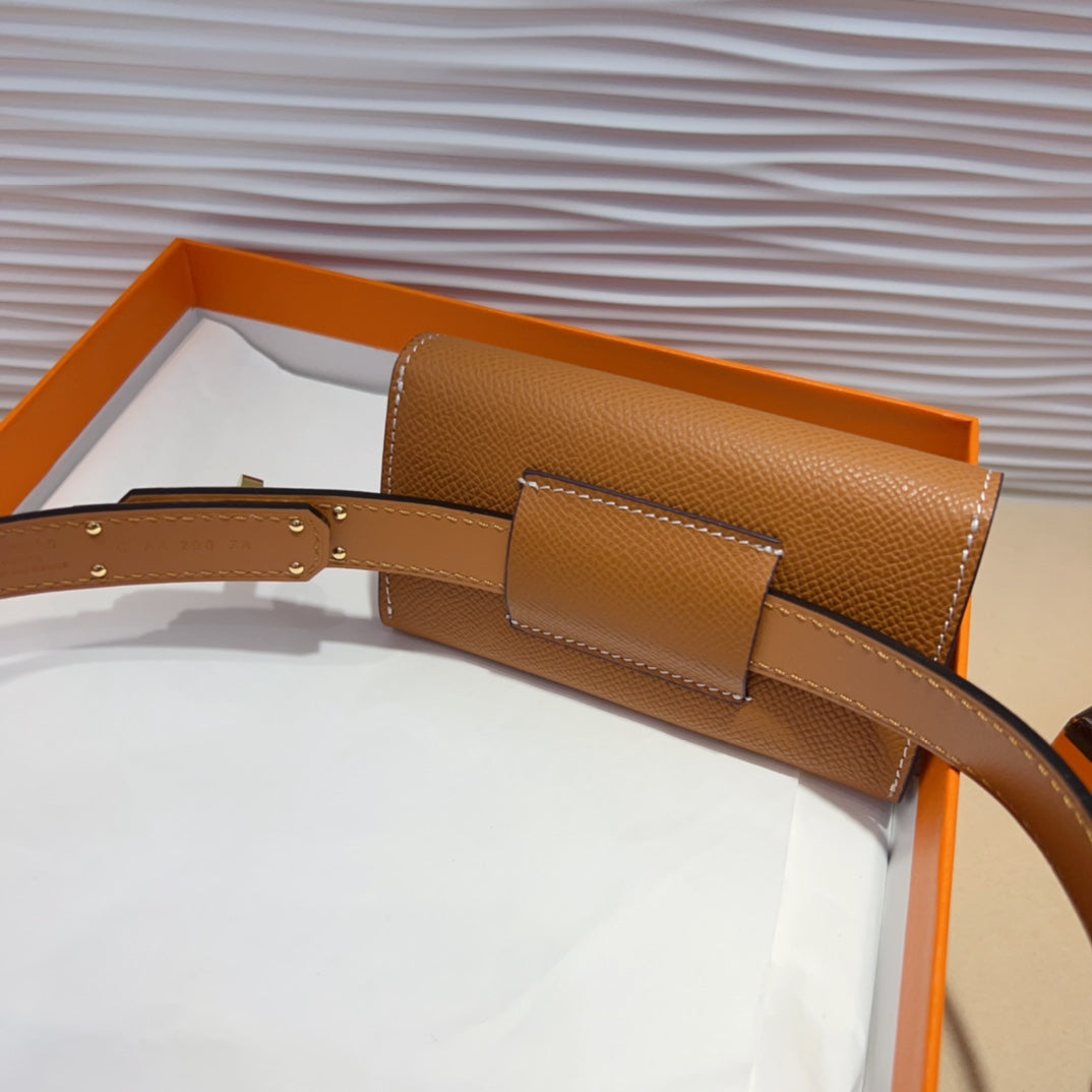 HM KELLY POCKET 18MM BELT CINNAMON BROWN LEATHER GOLD HARDWARE - 30