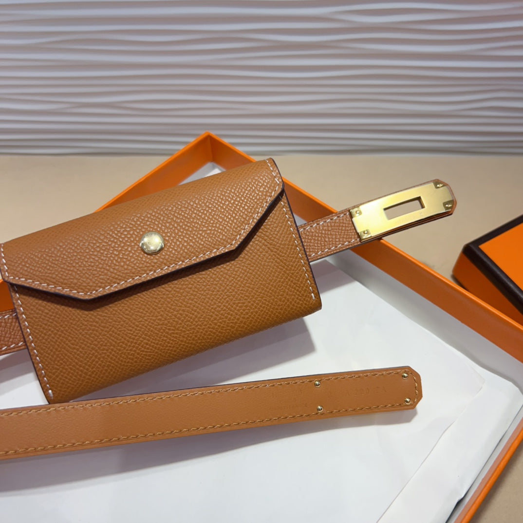 HM KELLY POCKET 18MM BELT CINNAMON BROWN LEATHER GOLD HARDWARE - 30