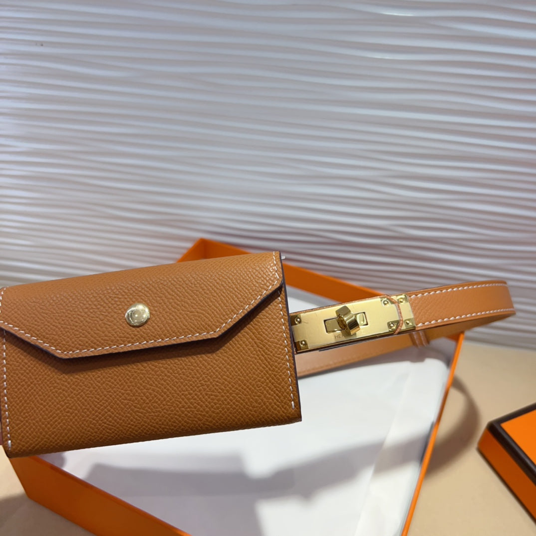 HM KELLY POCKET 18MM BELT CINNAMON BROWN LEATHER GOLD HARDWARE - 30