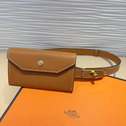 HM KELLY POCKET 18MM BELT CINNAMON BROWN LEATHER GOLD HARDWARE - 30