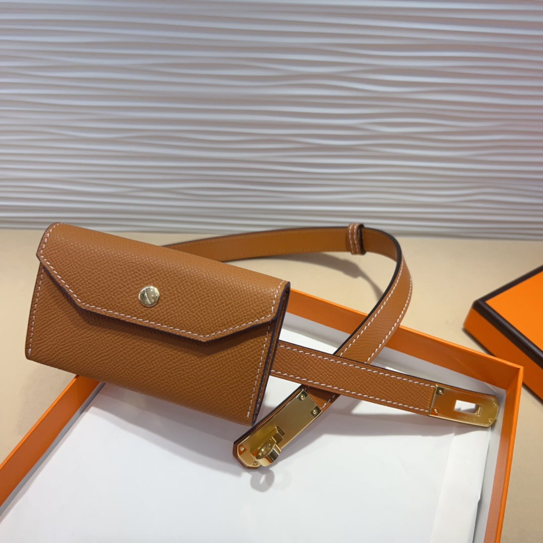 HM KELLY POCKET 18MM BELT CINNAMON BROWN LEATHER GOLD HARDWARE - 30