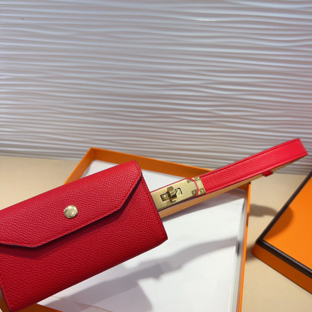 HM KELLY POCKET 18MM BELT CHERRY RED LEATHER GOLD HARDWARE - 30