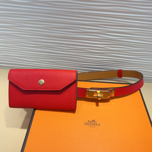 HM KELLY POCKET 18MM BELT CHERRY RED LEATHER GOLD HARDWARE - 30