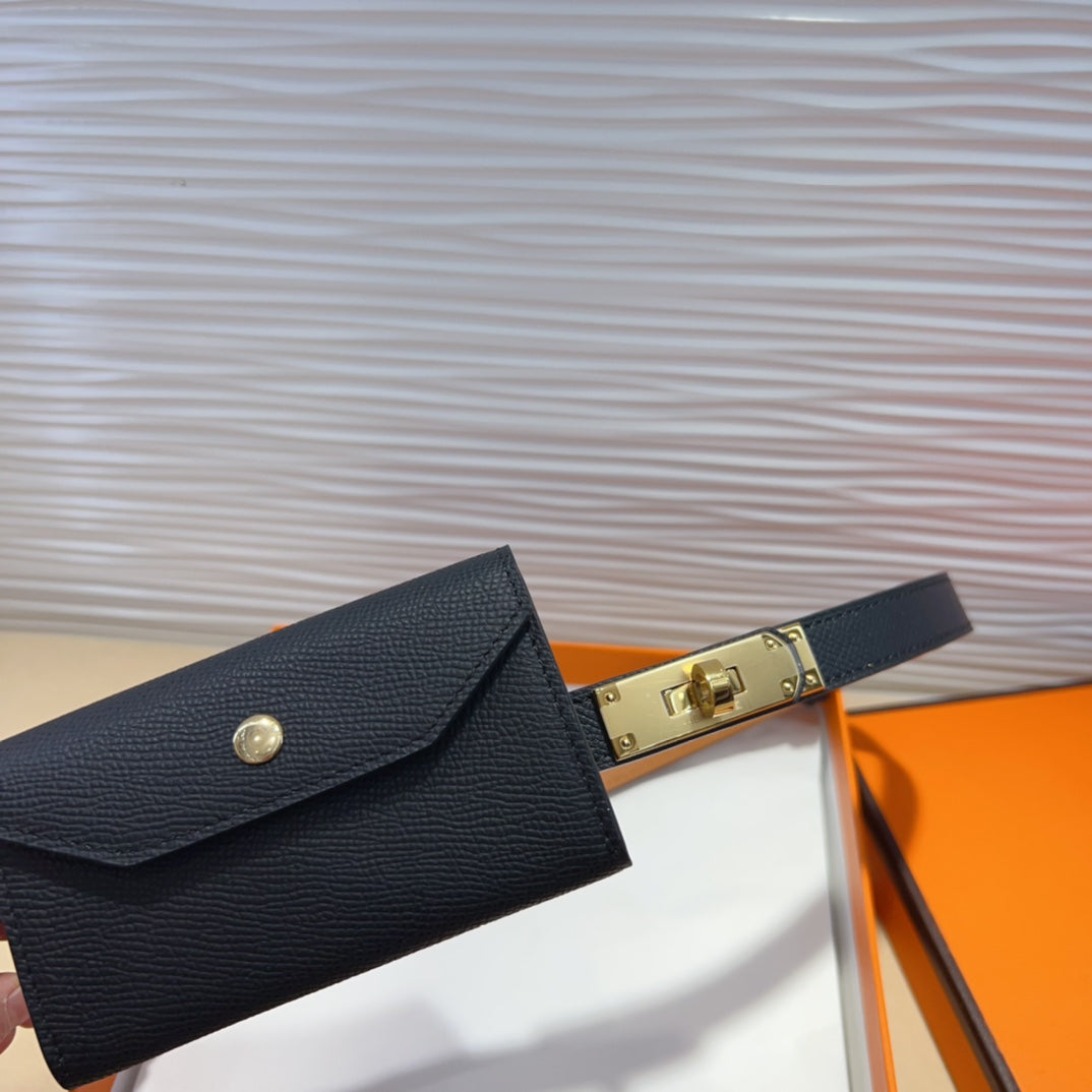 HM KELLY POCKET 18MM BELT BLACK LEATHER GOLD HARDWARE - 30