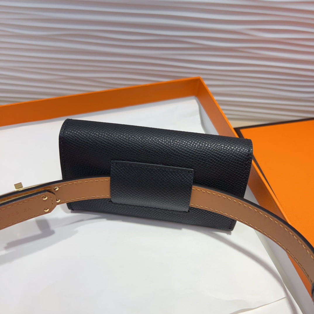 HM KELLY POCKET 18MM BELT BLACK LEATHER GOLD HARDWARE - 30
