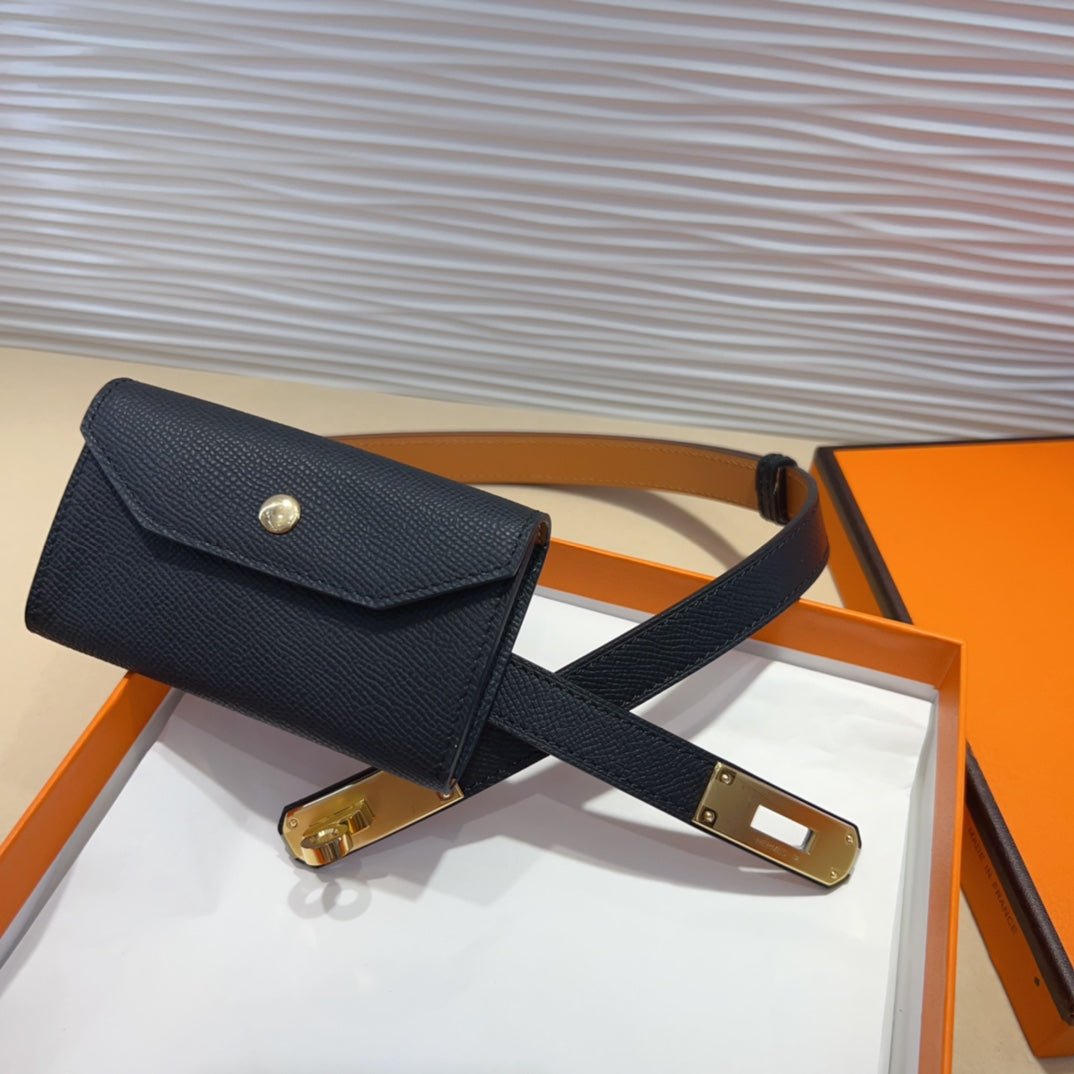 HM KELLY POCKET 18MM BELT BLACK LEATHER GOLD HARDWARE - 30