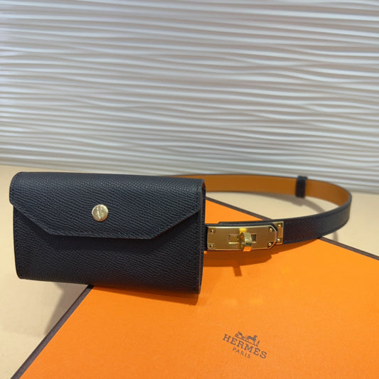 HM KELLY POCKET 18MM BELT BLACK LEATHER GOLD HARDWARE - 30
