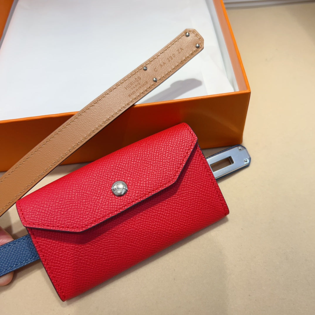 HM KELLY CHERRY RED POCKET 18MM BELT NAVY BLUE LEATHER GOLD HARDWARE - 30